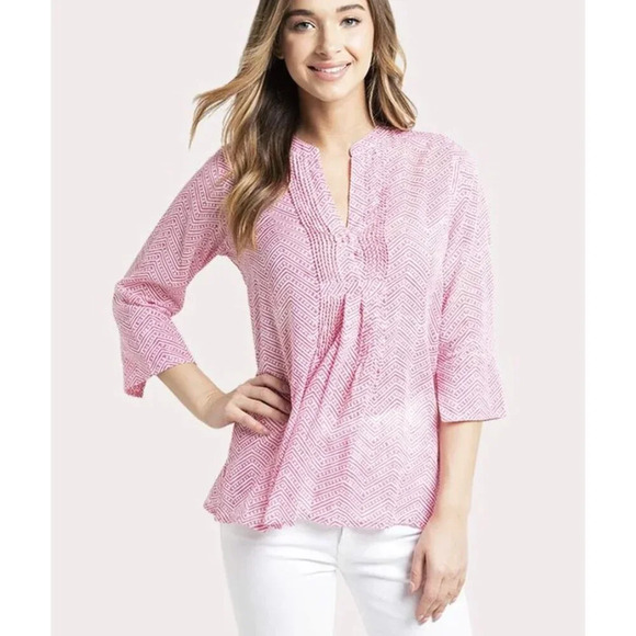 Oliphant Pintuck Tunic Blouse Womens L Pink & White Geometric Pattern 3/4 Sleeve - Picture 2 of 12